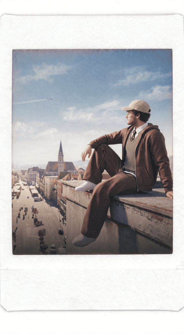 Polaroid: Marcel auf einem Dach mit Blick ueber die Altstadt