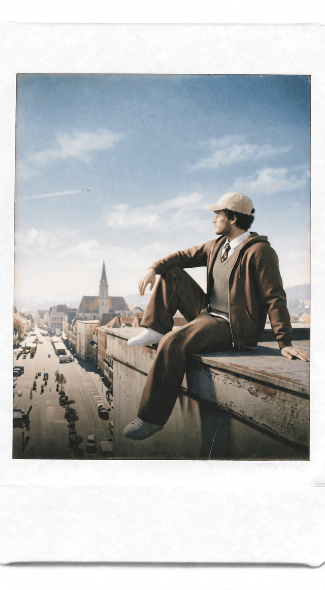 Polaroid: Marcel auf einem Dach, dritte Aufnahme