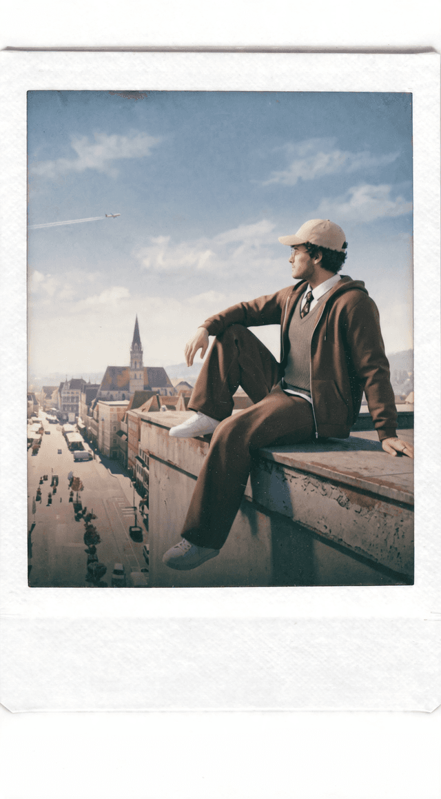 Polaroid: Marcel auf einem Dach, zweite Aufnahme